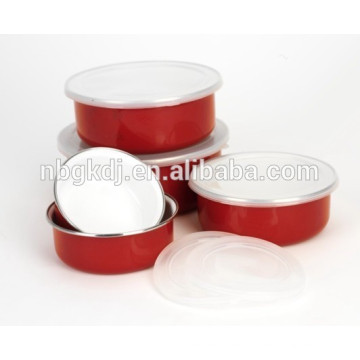 5 sets enamel food bowls with PE lids and red decals